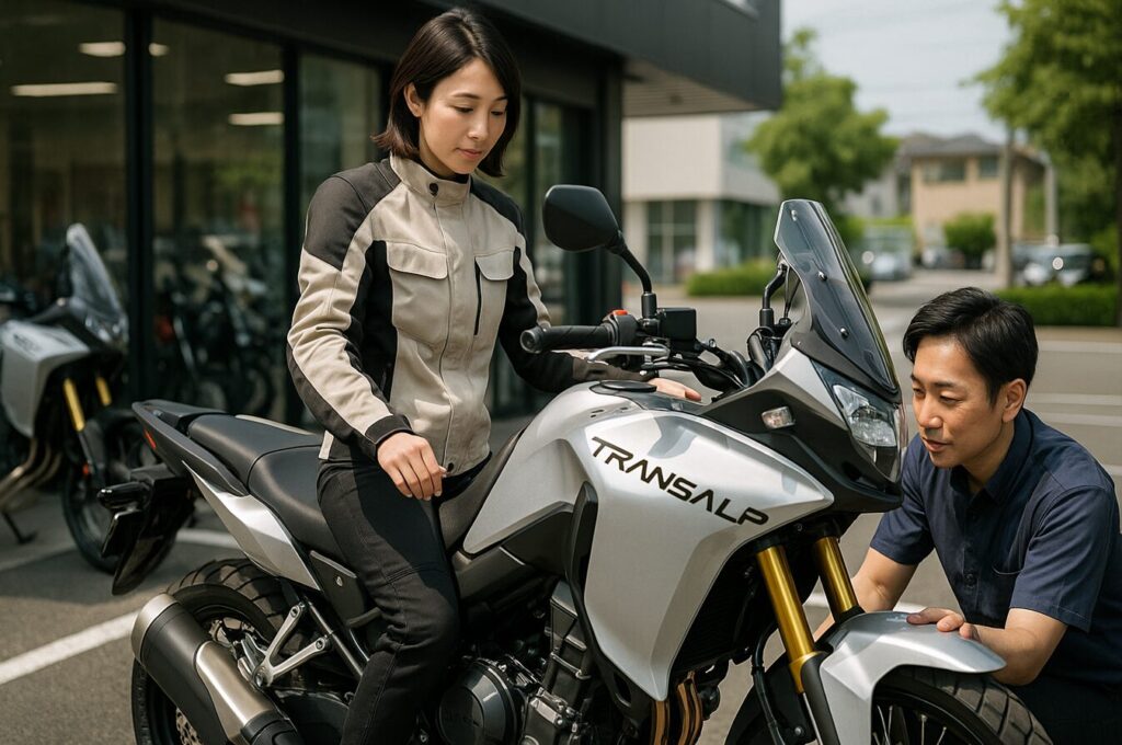 ホンダ XL750 トランザルプに跨り足つきを確認する日本人ライダー（男女いずれか）と販売スタッフ。ローシート検討のシーン。
