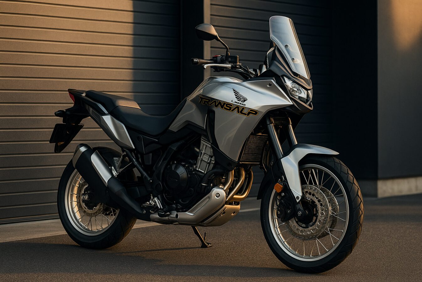 夕方の柔らかな光に照らされたホンダ XL750 トランザルプが、ディーラー前の舗装路に停められている。シルバーの車体が美しく輝き、アドベンチャーバイクとしての存在感と上質さを強調している。