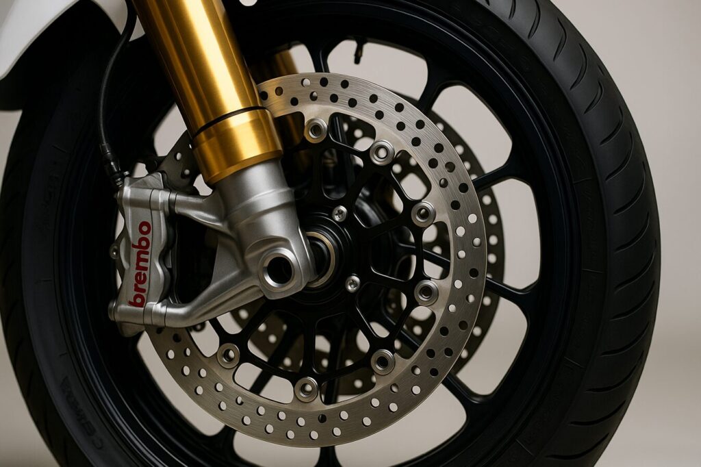 CB1300ファイナルエディションSPモデルの足回り。オーリンズ製サスペンションとブレンボ製ブレーキのクローズアップ。