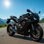 マットブラックに赤ラインが入ったカスタムCBR650Rが、青空の下で山道に停車しているシーン。カスタムマフラーやフェンダーレス仕様が映え、昼の陽光に包まれた雄大な山々と曲がりくねる道路が広がる16:9構図の高品質画像。