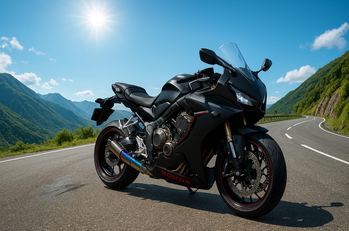 マットブラックに赤ラインが入ったカスタムCBR650Rが、青空の下で山道に停車しているシーン。カスタムマフラーやフェンダーレス仕様が映え、昼の陽光に包まれた雄大な山々と曲がりくねる道路が広がる16:9構図の高品質画像。