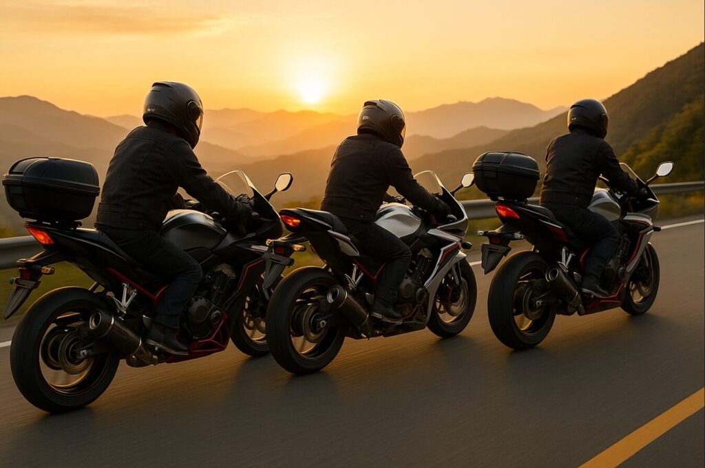 夕日に染まる山道を3台のホンダCBR650Rが走行している。それぞれ異なるカスタムが施されており、手前のバイクはマフラーが交換されている。