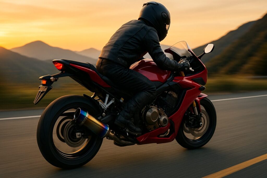 カスタムマフラー（焼きチタンエンド）を装着したホンダ CBR650R に乗る日本人ライダーが、夕焼けの山道を走行しているシーン。背景が流れることでスピード感と迫力を表現した16:9構図の高品質画像。