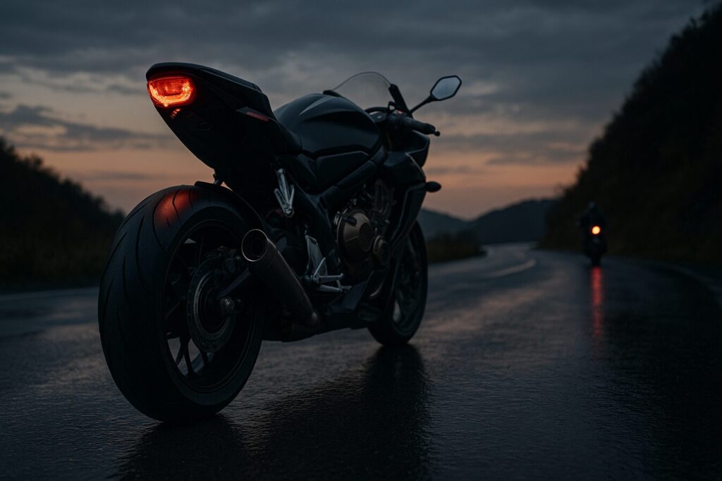 カスタムフェンダーレス仕様のホンダ CBR650R が、夕暮れ時の濡れた山道に停車している後方アングルの写真。鋭いテールライトと露出したリアタイヤが映え、路面が夕焼けを反射して幻想的な雰囲気を演出している。