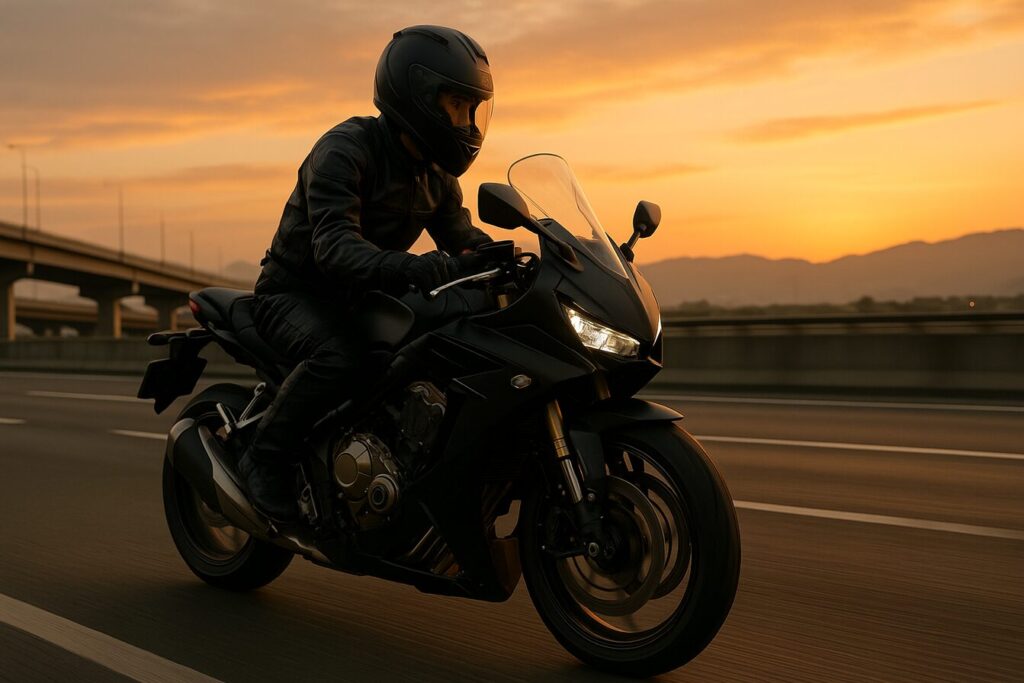 夕暮れの高速道路を走るホンダ CBR650R に乗る日本人ライダーの写真。標準サイズのクリアウインドスクリーンが風を受け流し、背景には高架道路と山々が夕焼けに染まる情景が広がる16:9構図の動感ある画像。