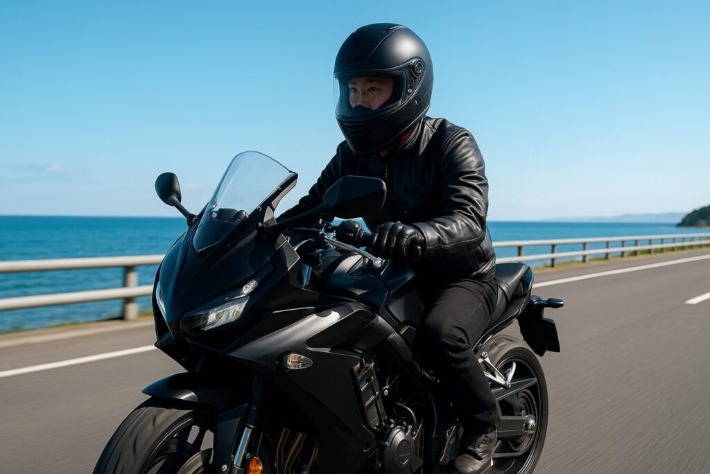 黒いホンダ CBR650R に乗る日本人ライダーが、晴れ渡る青空と海沿いの道を走行しているシーン。ヘルメットを着用し、ハンドルアップキットによりリラックスした姿勢で走る様子を捉えた16:9構図の爽快な高品質画像。