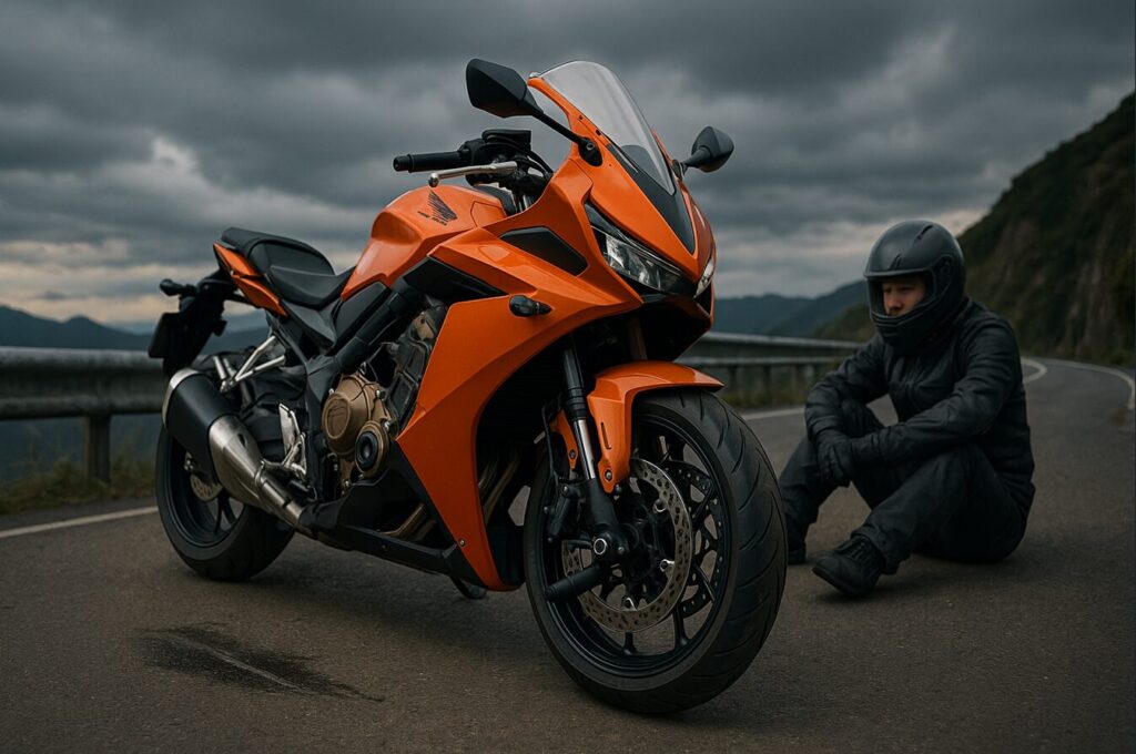 オレンジのカスタムCBR650Rが低速転倒後に山道の路肩に停車しているシーン。日本人ライダーがヘルメットを着用し地面に座り込んでおり、バイクのフレームスライダーが強調された16:9構図のドラマチックな写真。