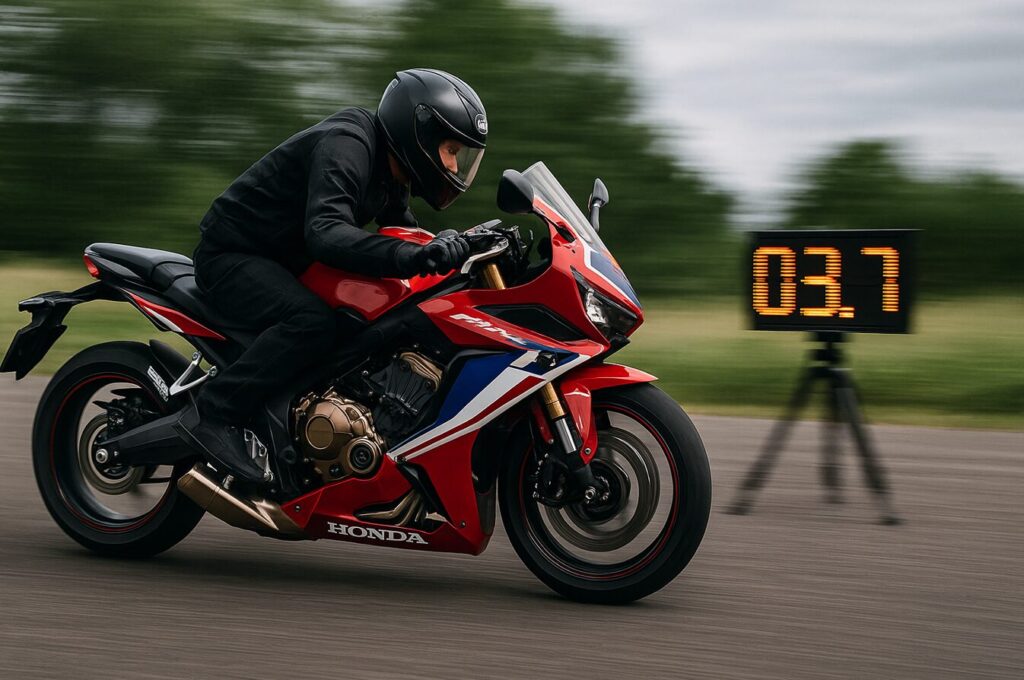 CBR650Rの最高速を徹底解説!実測データと総合性能評価 ホンダ CBR650R の0-100km/h加速テストを再現した写真。日本人ライダーが黒いライディングスーツとヘルメットを着用し、赤・青・白のCBR650Rで全開加速。背景のデジタルタイマーには『3.7秒』が表示され、強烈なスピード感を演出する16:9構図の画像。