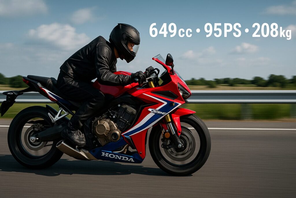 CBR650Rの最高速を徹底解説!実測データと総合性能評価 ホンダ CBR650R のスペックと性能を表現した写真。日本人ライダーが黒いレザースーツとヘルメットを着用し、赤・青・白のCBR650Rで高速道路を疾走。明るい青空の下、バイクのエンジンと走行姿勢が力強さを際立たせる16:9構図の画像。