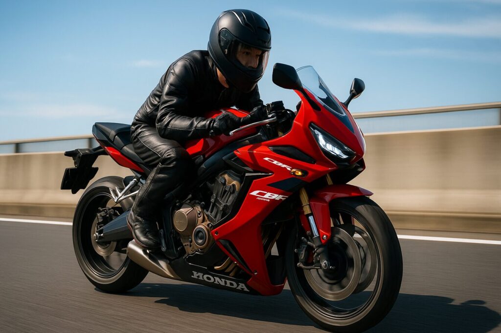 CBR650Rの最高速を徹底解説!実測データと総合性能評価 ホンダ CBR650R 2025年モデルをイメージした写真。日本人ライダーが黒いレザースーツとヘルメットを着用し、進化したLEDヘッドライトを備えた赤と黒のCBR650Rで高速道路を走行。新デザインのシャープなカウルが印象的な16:9構図の画像。