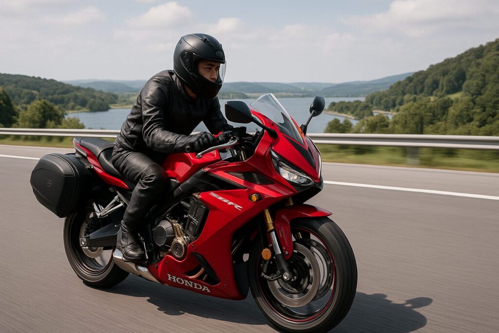 CBR650Rの最高速を徹底解説!実測データと総合性能評価 ホンダ CBR650R のロングツーリング性能を表現した写真。日本人ライダーが黒いレザースーツとヘルメットを着用し、サイドバッグを装着した赤のCBR650Rで湖畔のワインディングロードを快走。背景に青空と緑の丘が広がる16:9構図の画像。
