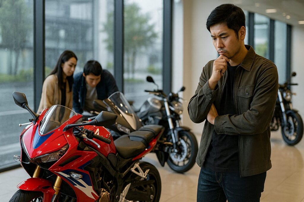 CBR650Rの最高速を徹底解説!実測データと総合性能評価 ホンダ CBR650R の“不人気”という評価を考察するイメージ。日本人男性がショールームで赤のCBR650Rを前に思案し、背後では別のバイクを確認するカップルがいる。落ち着いた照明と雨模様の外景が対照的な16:9構図の画像。
