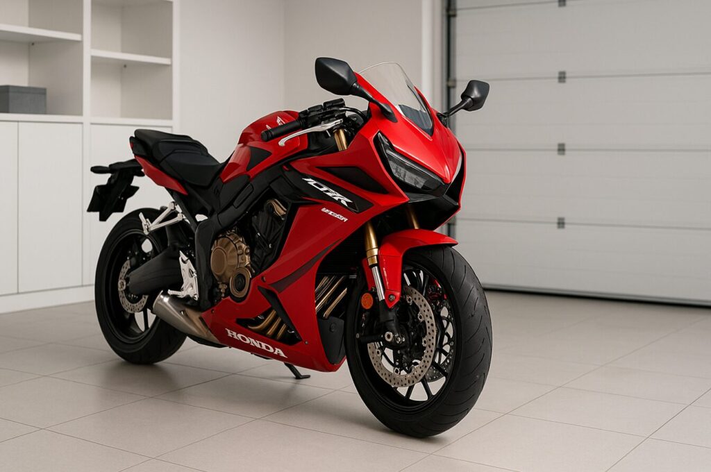 CBR650Rの最高速を徹底解説!実測データと総合性能評価 静かで清潔感のあるガレージに停められたホンダ CBR650R。白い壁と明るい床タイルに囲まれた空間で、赤いボディとゴールドのフロントフォークが美しく映える16:9構図の画像。