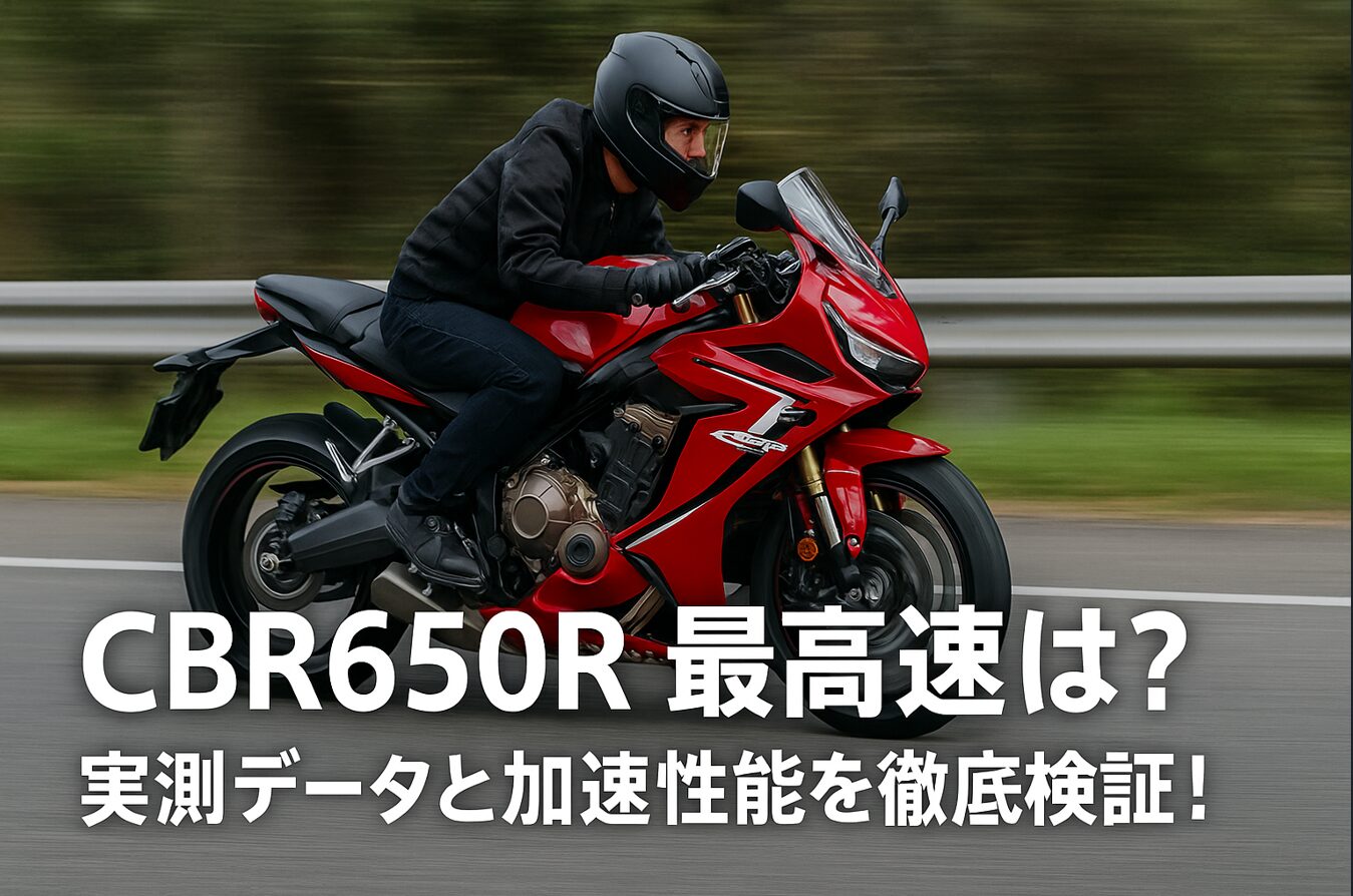 走行中のホンダ CBR650R を捉えたアイキャッチ画像。赤いCBR650Rに乗る日本人ライダーが高速道路を疾走し、画像下部に『CBR650Rの最高速は？ 実測データと加速性能を徹底検証！』の白文字テキストが配置された16:9構図の画像。