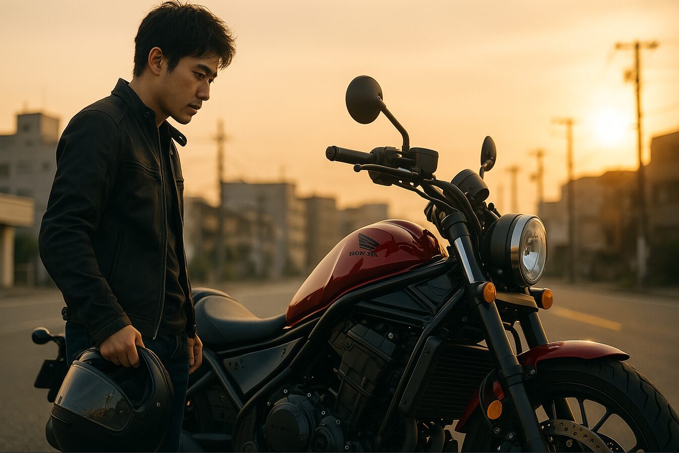 夕暮れの街中で赤いホンダ・レブル1100の横に立ち、購入を考えるようにバイクを見つめる日本人ライダー。