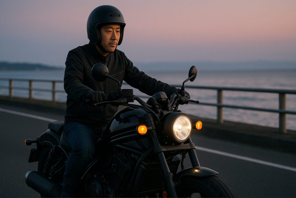 【オーナーの本音】レブル1100の欠点と後悔しないための全知識 夕暮れの海岸沿いの道を静かに走るレブル1100と日本人ライダー。穏やかさと日常の慣れを感じさせる雰囲気。