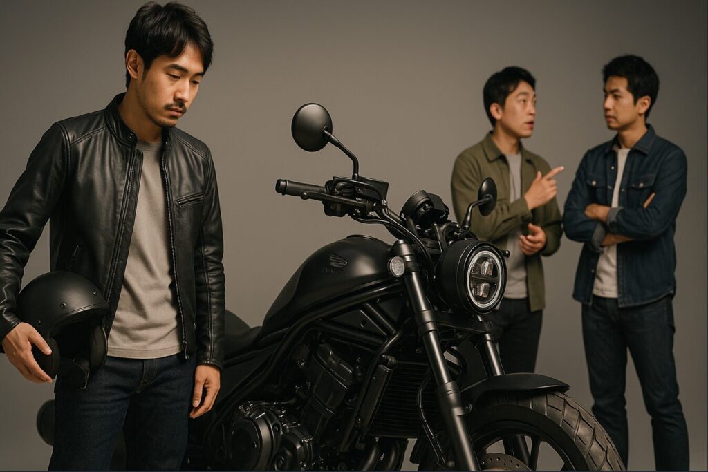 【オーナーの本音】レブル1100の欠点と後悔しないための全知識 スタジオで黒いレブル1100を眺める日本人ライダーと、背景でデザインについて話し合う他のライダーたち。