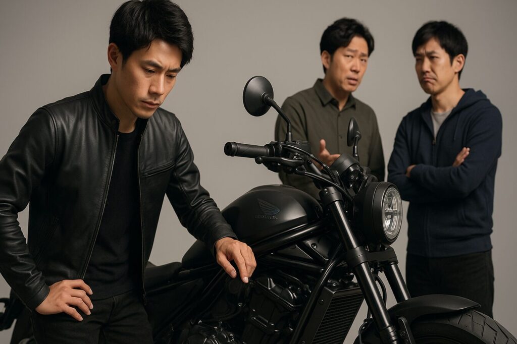 スタジオでレブル1100を見つめる日本人ライダーと、背景で賛否を語り合う二人のライダー。