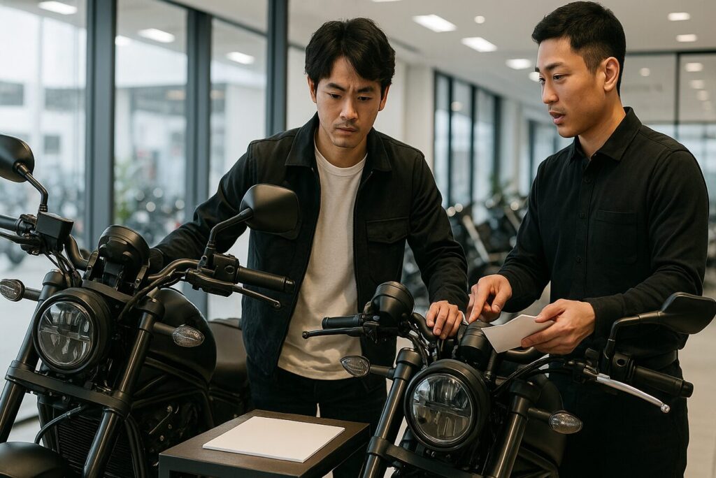 販売店で2台のレブル1100を前に比較検討する日本人ライダーと、特徴を示すスタッフ。