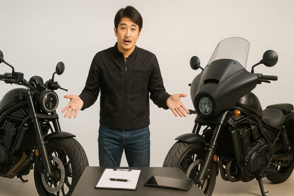 スタジオでスタンダードのレブル1100とツーリング装備の1100Tを並べ、違いを示す日本人ライダー。