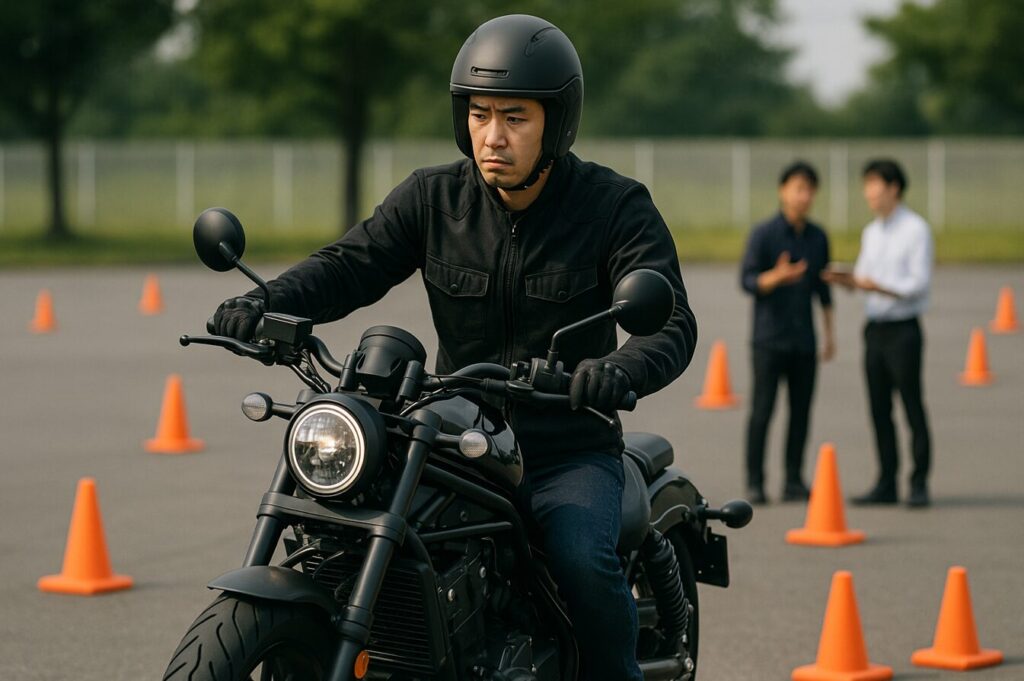 購入前の試乗としてパイロンコースで低速Uターンを確かめる日本人ライダーとレブル1100。