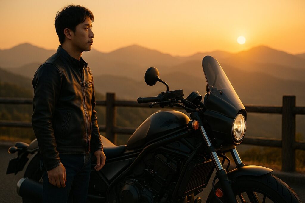 山並みを望む展望地点でレブル1100を停め、落ち着いて景色を見つめる日本人ライダー（総括のイメージ）。