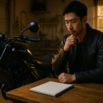 夕暮れのガレージでレブル1100を前に考え込む日本人ライダーが点検しながら評価を検討している様子。