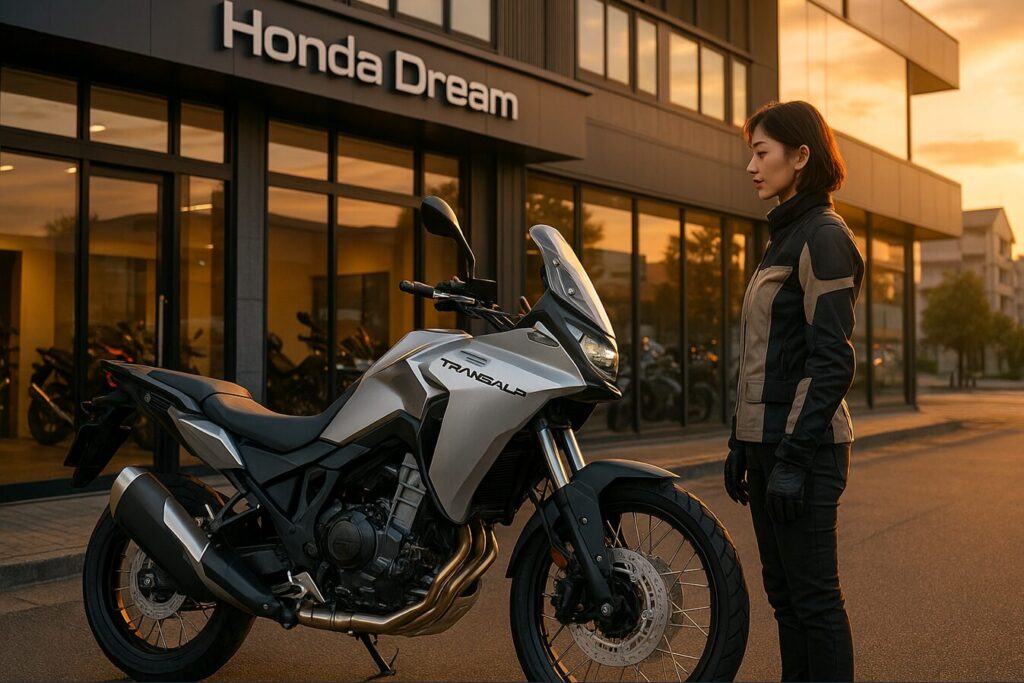 夕方のホンダドリーム店前で購入を検討する日本人ライダー（男女いずれか）とホンダ XL750 トランザルプ。値引き交渉の現実を表現。