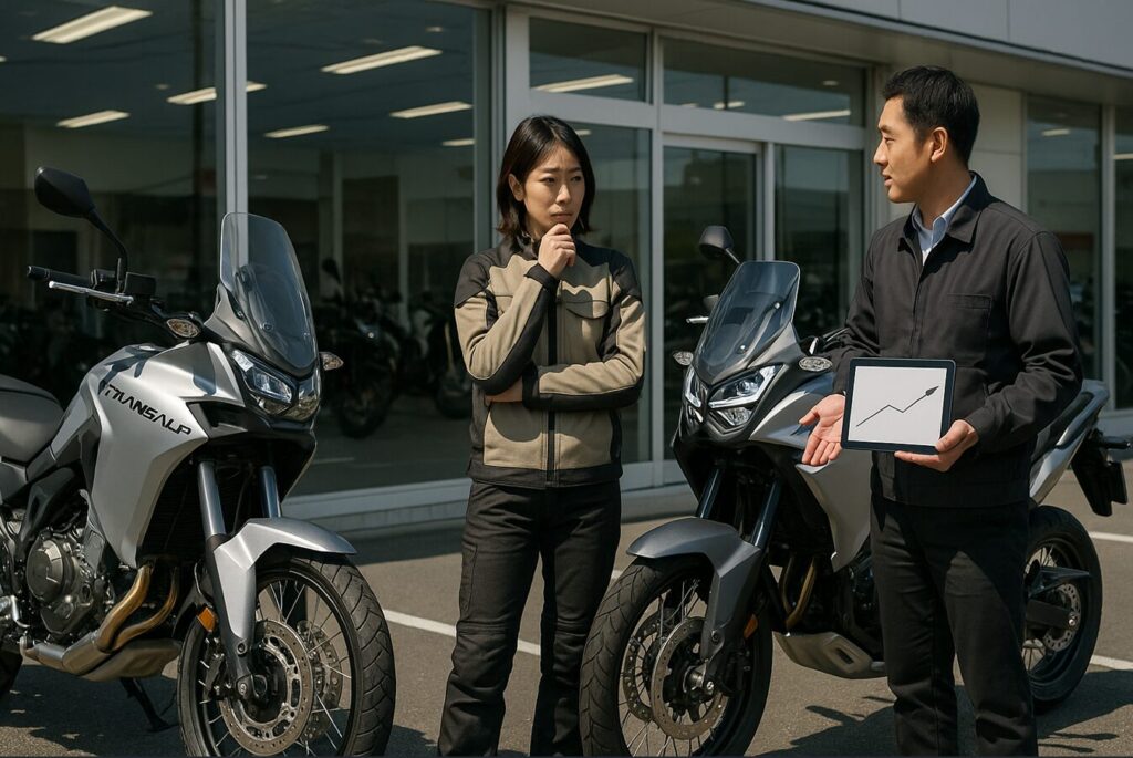 ホンダ XL750 トランザルプの2023年モデルと2025年モデルを見比べる日本人ライダー。新旧モデルのデザイン差を比較しながら中古価格への影響を考えるシーン。