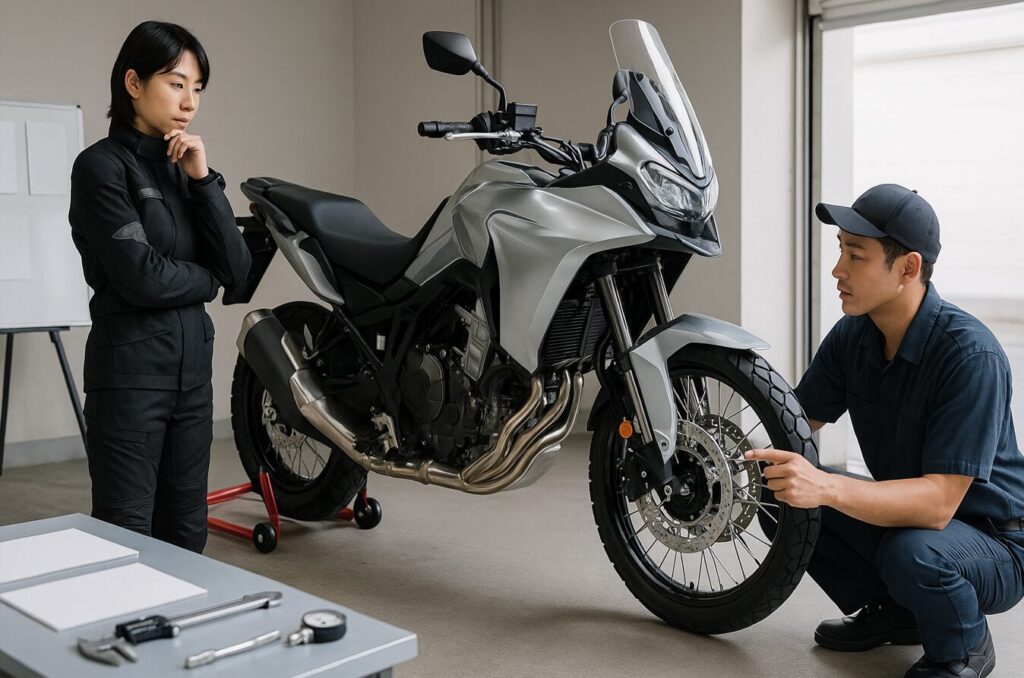 整備ガレージでホンダ XL750 トランザルプのエンジンやフレームを確認する日本人ライダーと整備士。購入前に知っておくべき基本スペックと性能をチェックしている様子。