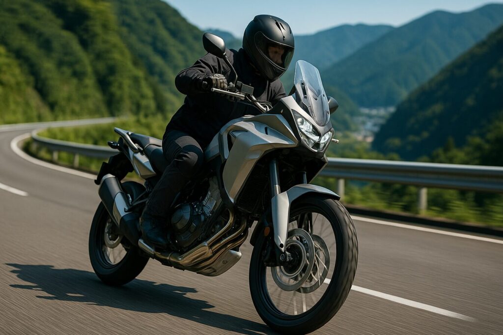 山間のワインディングロードを軽快に走るホンダ XL750 トランザルプと日本人ライダー。最高速や走行性能を体感するレビューシーンを再現。