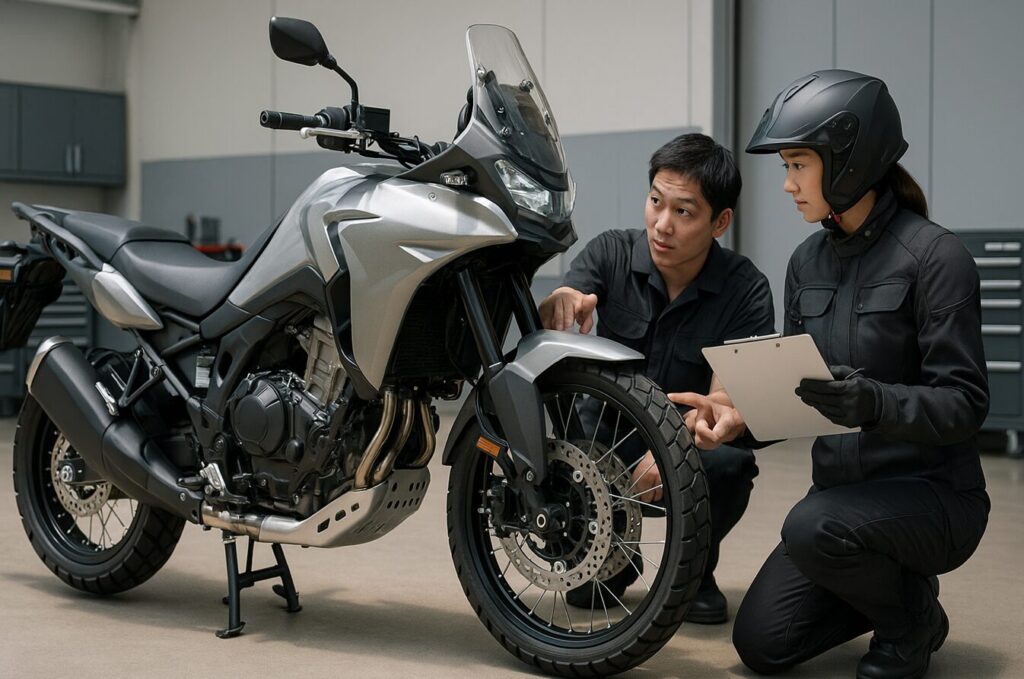 整備工場でホンダ XL750 トランザルプのエンジンガードやサイドケースなどカスタム装備をチェックする日本人ライダー。中古車購入前のカスタム確認シーン。