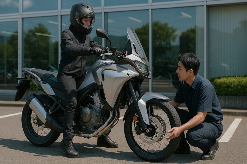 ホンダ XL750 トランザルプに跨り、足つきの状態を確認する日本人ライダー。販売員がシート高やサスペンションを確認しており、足がしっかり地面に届くかをチェックしているシーン。