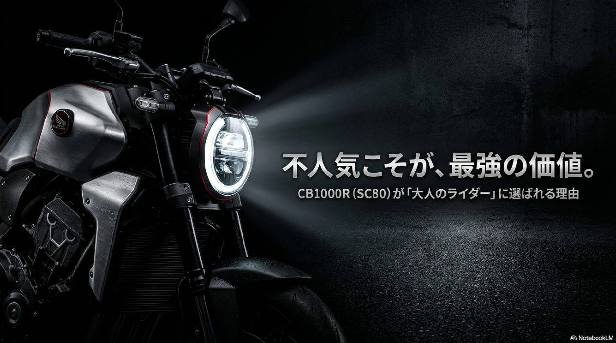 CB1000Rが不人気な理由こそが最大の価値。Z900RSにはない「大人の色気」と所有する喜び ホンダCB1000R (SC80) の車体と「不人気こそが、最強の価値」というキャッチコピーが記されたアイキャッチ画像