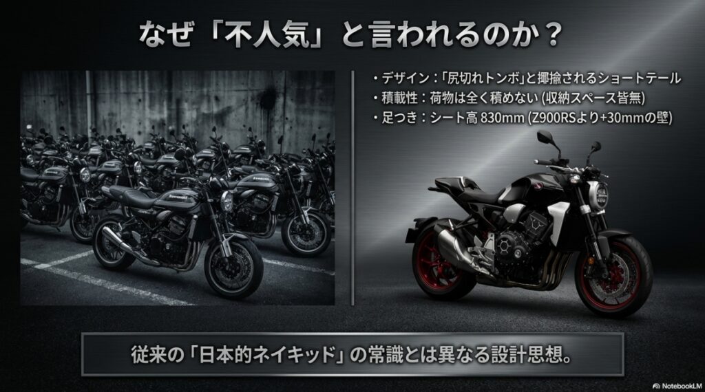 駐車場に溢れる多数のカワサキZ900RSと、それとは対照的に単独で佇むホンダCB1000Rの比較イメージ