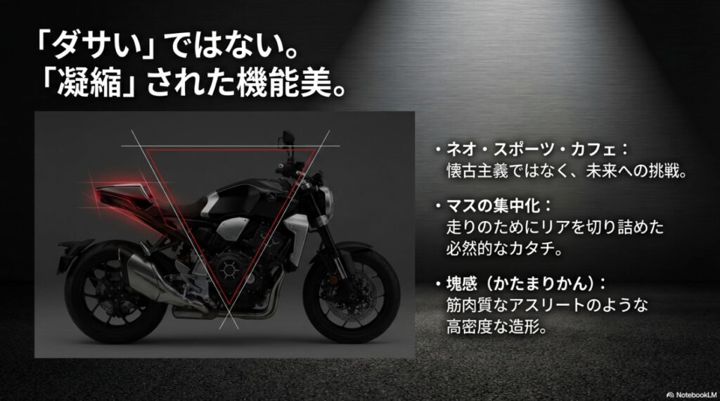 CB1000Rの特徴であるショートテールとマスの集中化を表す三角形のシルエット図解