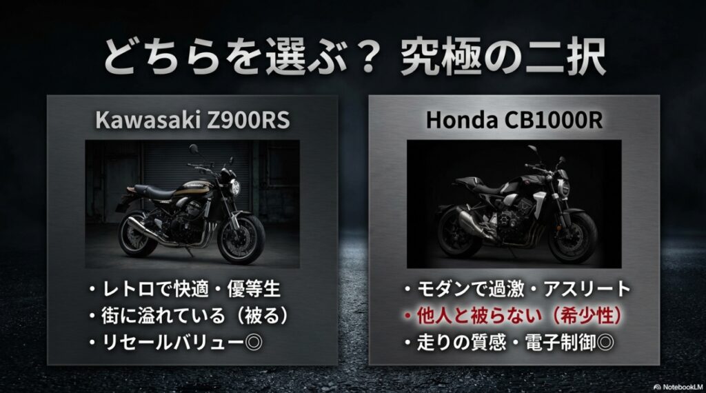 クラシカルなカワサキZ900RSと、近未来的なホンダCB1000Rのサイドビュー比較写真