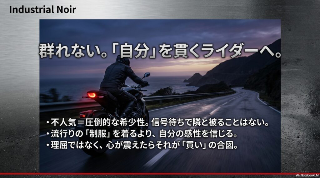 「群れない。自分を貫くライダーへ」というメッセージと共に、CB1000Rの不人気さが逆に圧倒的な希少性という価値になることを訴求するスライド画像