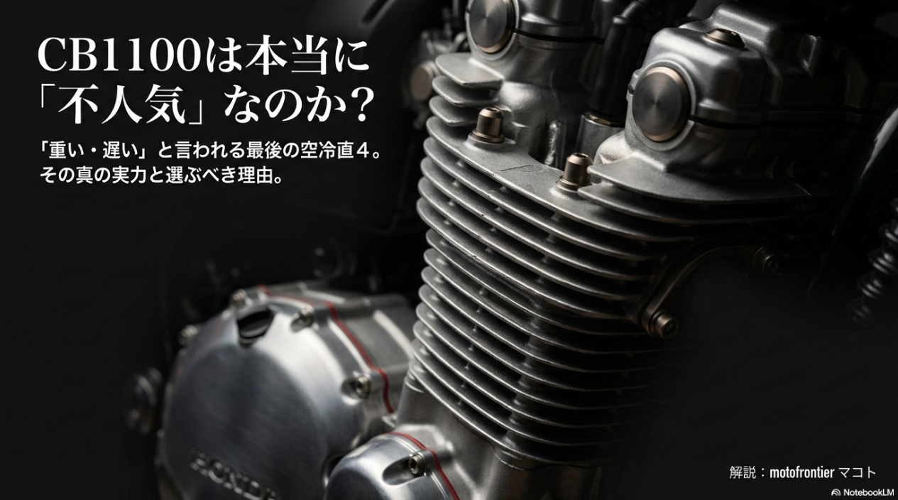 CB1100は本当に不人気なのか?「重い・遅い」と言われる最後の空冷直4が持つ真の実力と評価 CB1100は本当に不人気なのか?重い・遅いと言われる最後の空冷直4の実力を解説するスライド表紙