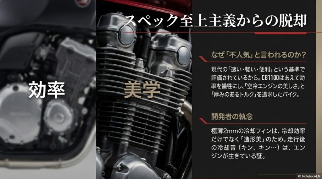 CB1100は本当に不人気なのか?「重い・遅い」と言われる最後の空冷直4が持つ真の実力と評価 CB1100がスペック至上主義ではなく、空冷エンジンの造形美と厚みのあるトルクを追求した理由。極薄2mmの冷却フィンの解説
