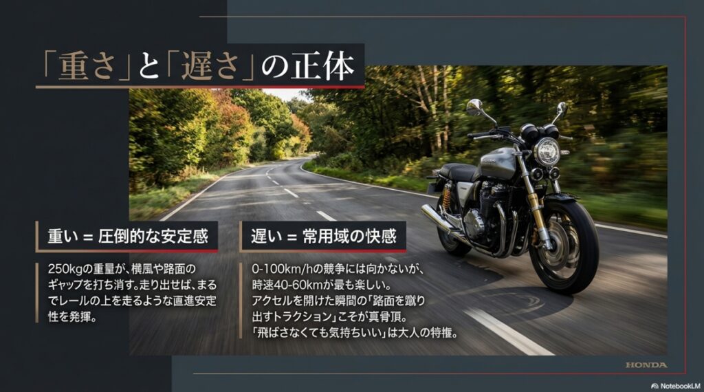 CB1100は本当に不人気なのか?「重い・遅い」と言われる最後の空冷直4が持つ真の実力と評価 CB1100の重さは圧倒的な安定感を生み、遅さは常用域での路面を蹴り出すトラクションの快感につながるという解説