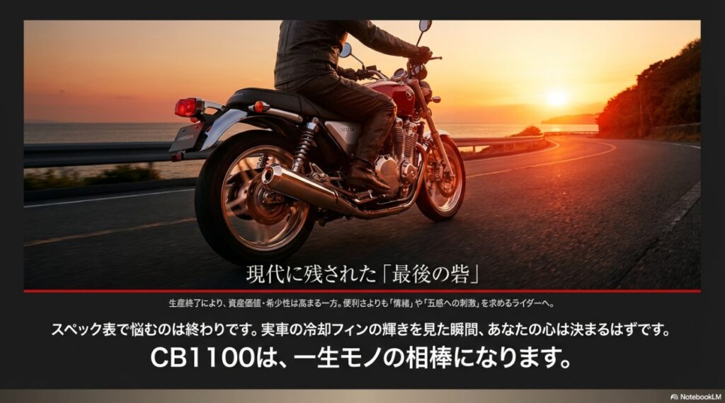 CB1100は本当に不人気なのか?「重い・遅い」と言われる最後の空冷直4が持つ真の実力と評価 夕日の中を走るCB1100。生産終了により高まる資産価値と、情緒や五感への刺激を求めるライダーへのメッセージ