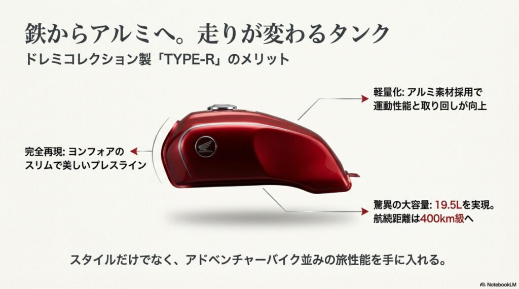 ドレミコレクション製アルミタンクの形状と19.5Lの大容量