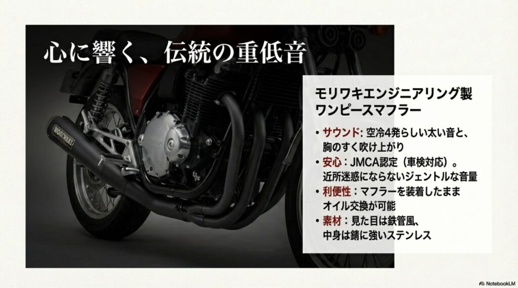 車検対応モリワキワンピースマフラーの機能とサウンドの特徴