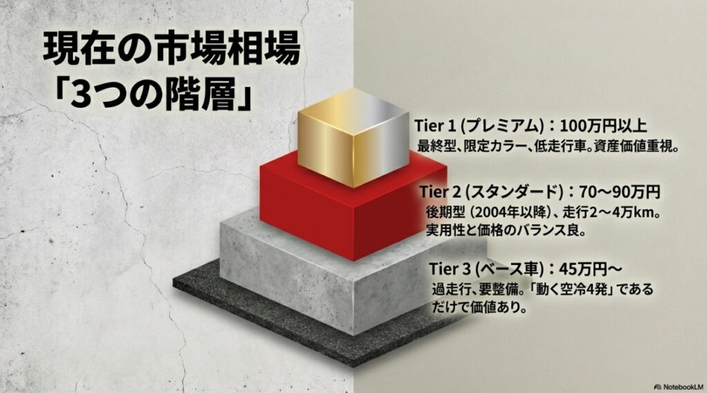 CB750 RC42の中古車相場をプレミアム、スタンダード、ベース車の3つの階層（ティア）に分類して解説した図。