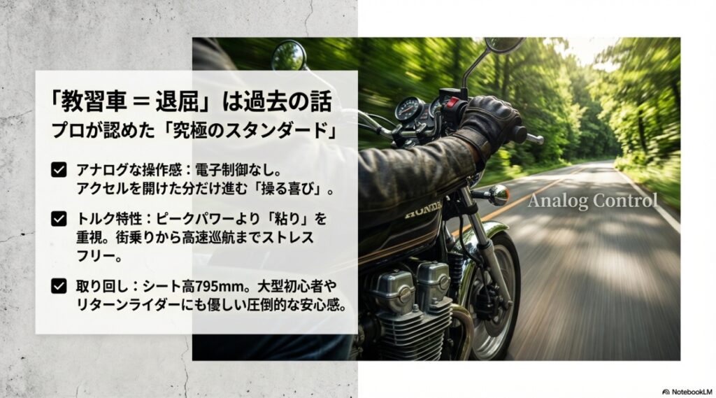 CB750 RC42が持つアナログな操作感、トルク特性、足つきの良さなど、教習車ベースならではの魅力を解説したスライド。