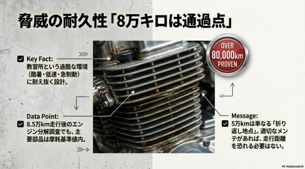 教習車として過酷な環境に耐えるCB750 RC42のエンジン設計と、8万キロ走行後の耐久性を証明するデータスライド。