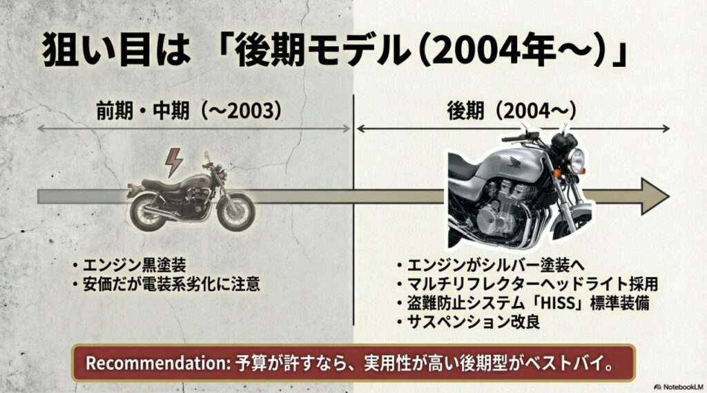 CB750 RC42の前期・中期モデルと2004年以降の後期モデルの装備の違いや特徴を比較したスライド。