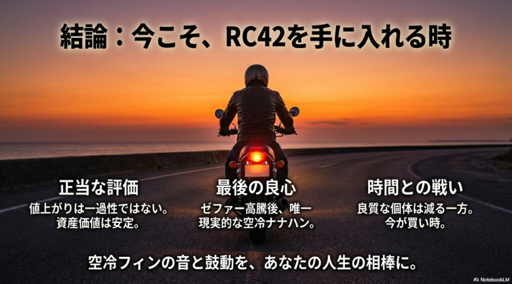 CB750 RC42の資産価値の安定性や市場から良質な個体が減っている現状を踏まえ、今が買い時であると結論付けたスライド。