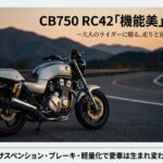 夕暮れ時のCB750 RC42の写真と機能美再生計画というタイトル文字